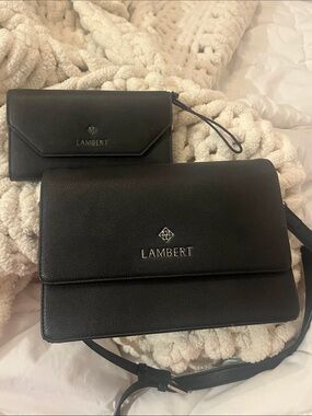 Black Leather Crossbody Bag Set with Matching Wallet - Lambert